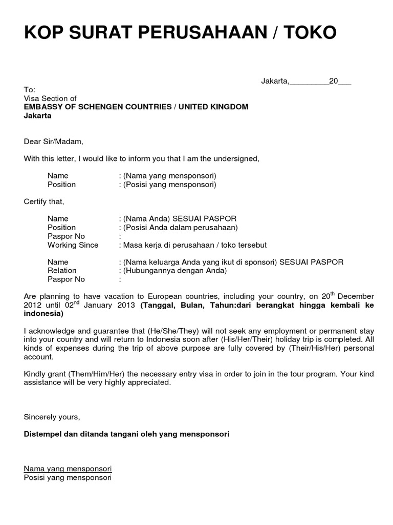 Contoh Surat Sponsor Visa Uk
