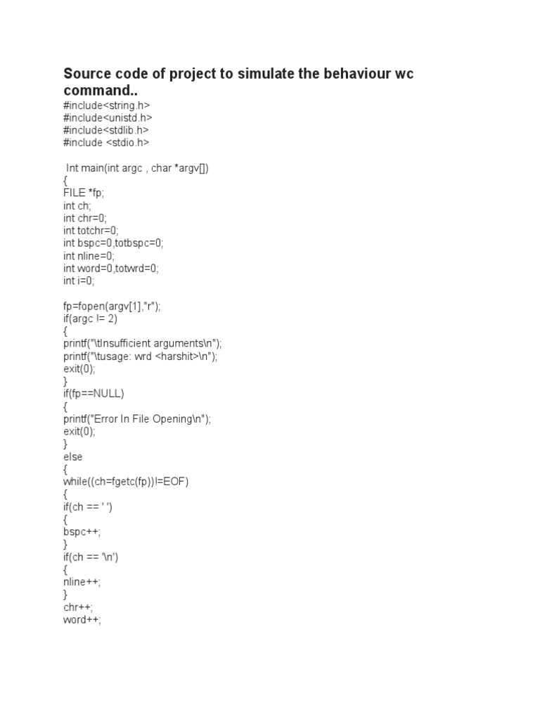 Source Code of Project To Simulate The Behaviour WC Command. | PDF ...