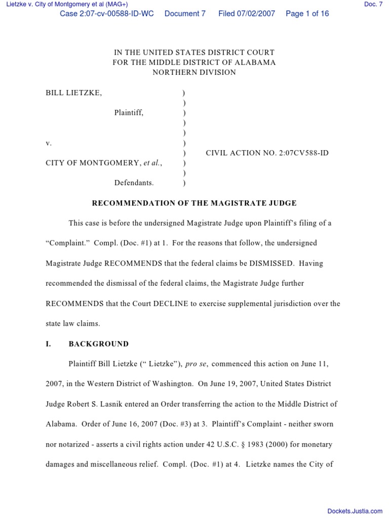 Lietzke v. City of Montgomery Et Al (MAG+) Document No. 7 PDF