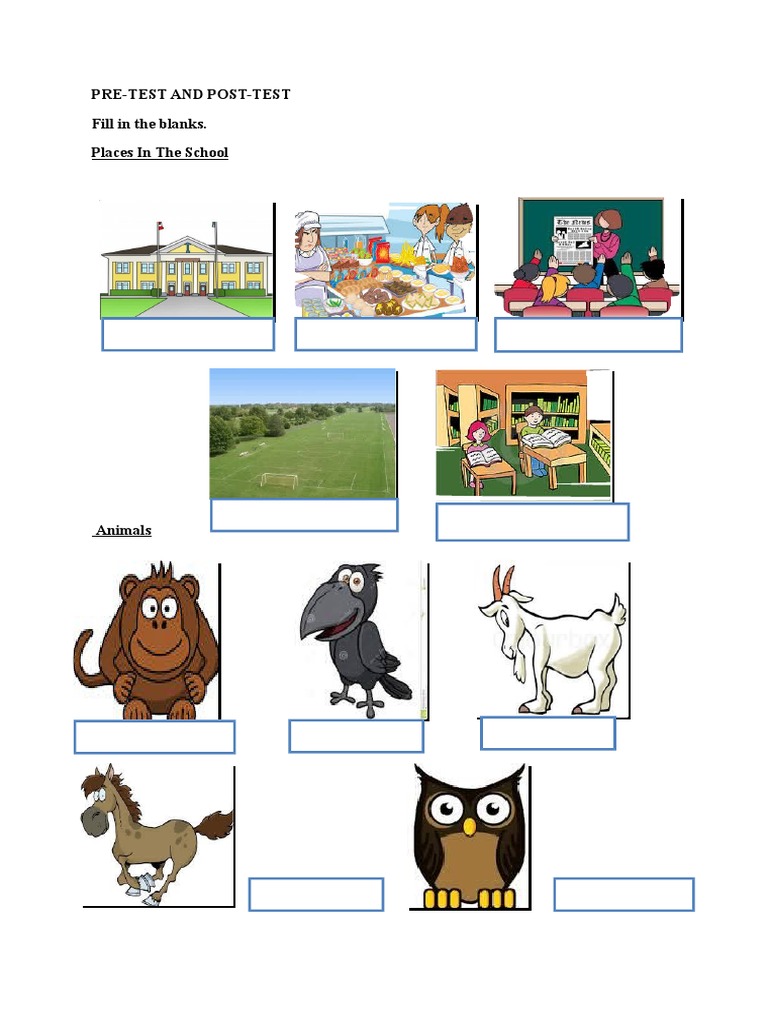 Pre-Test and Post-Test Fill in The Blanks. Places in The School | PDF