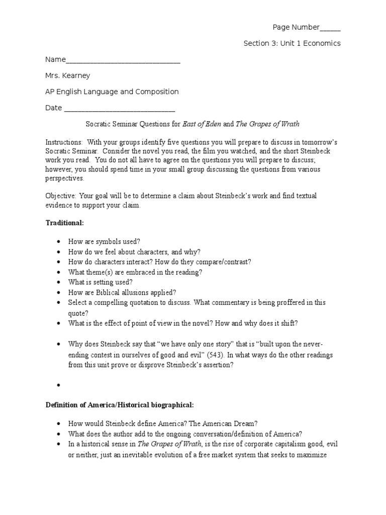 Socratic Seminar Questions For East of Eden and The Grapes of Wrath