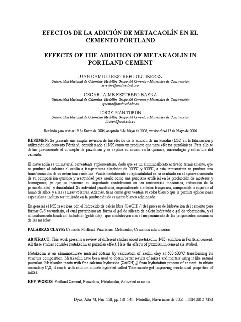 Efectos del Metacaolín en Cemento Pórtland | PDF | Cemento | Aluminio