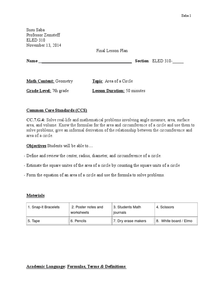 7th Grade Area of a Circle Lesson Plan | PDF | Circle | Pi