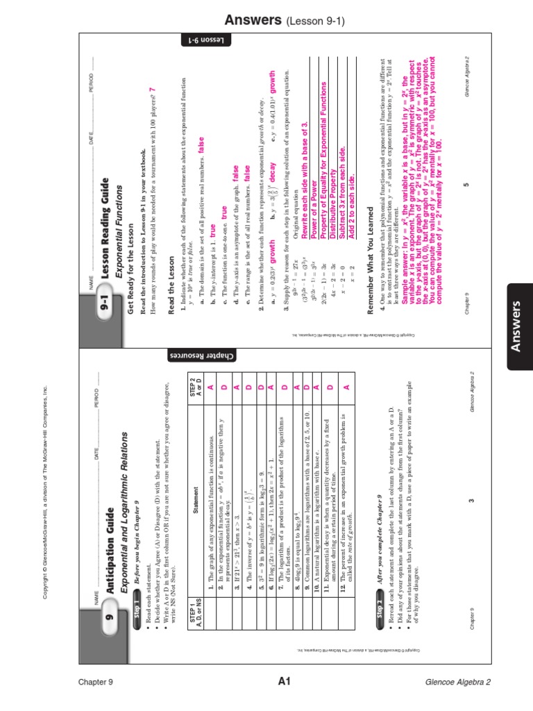 Chapter 9 Study Guide Key Pdf Logarithm Exponential Function