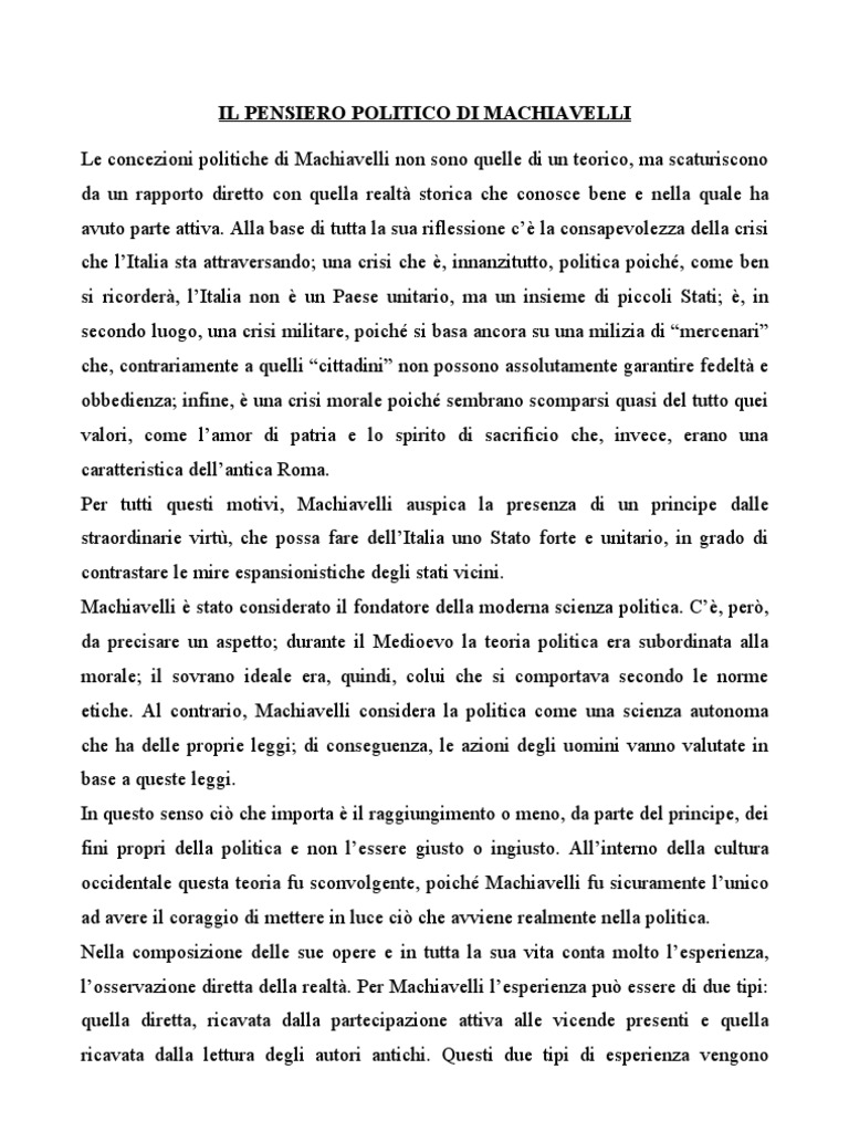 Il Pensiero Politico Di Machiavelli