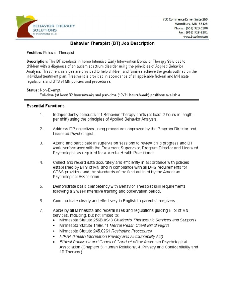 Behavior Therapist Job Description Mental Health Professional