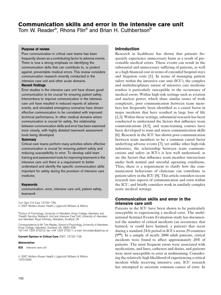 Communication Skills and Error in The Intensive Care Unit | PDF ...