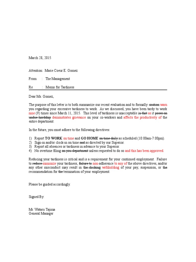 Write Up Example For Tardiness