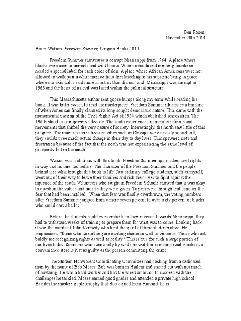 Freedom Summer Book Review African American Civil Rights Movement