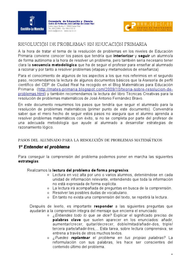 Pasos para Resolver Problemas Matemáticos en Primaria | PDF | Educación ...