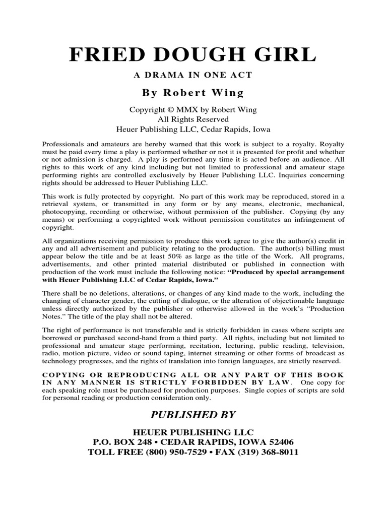 Fried Dough Girl by Robert Wing PDF Royalty Payment Copyright