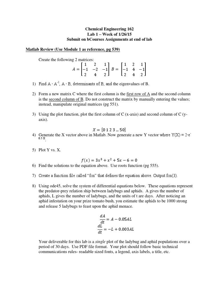 MATLAB Tasks for Chem Eng Students | PDF
