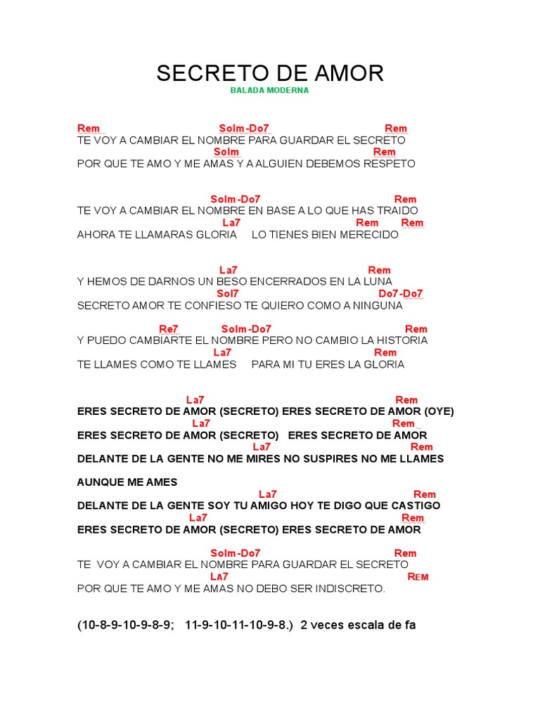 Secreto de Amor Letra y Acordes PDF Hogar, jardinería y