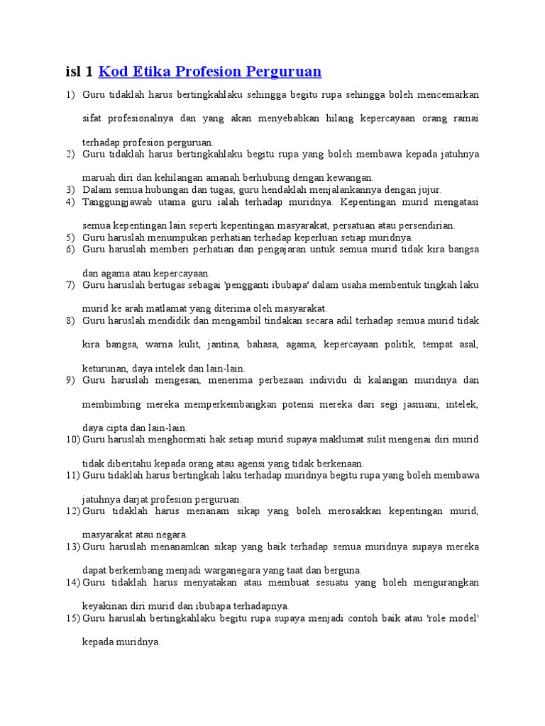 Kod Etika Profesion Perguruan Isl 1 Aniza Work Pdf
