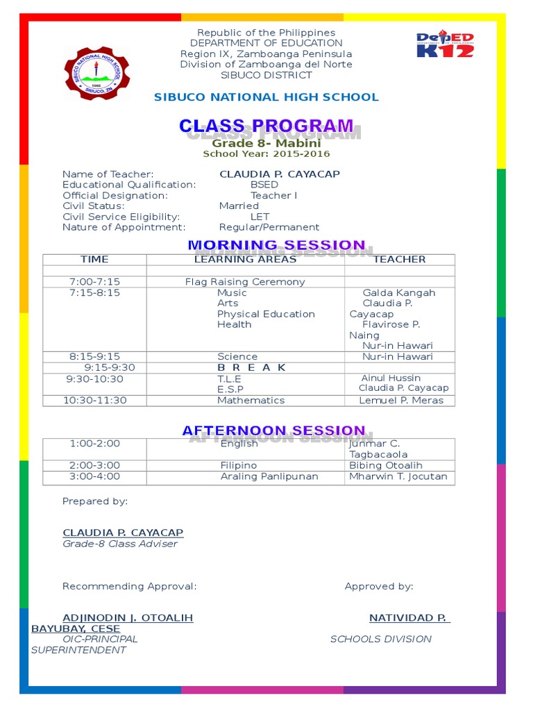 Class Program Grade 8 | PDF