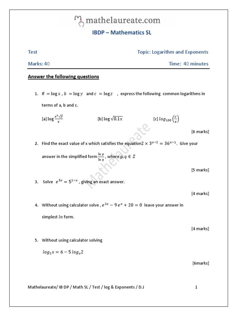Logarithm Exponents Math SL | PDF
