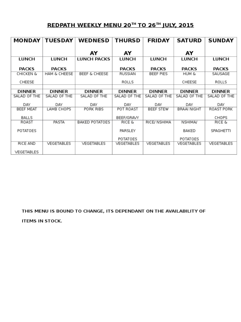 Redpath Weekly Menu 18th To 25th May | PDF