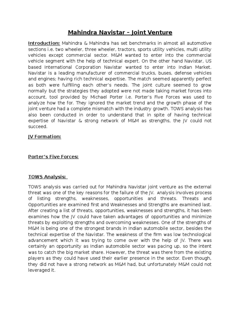 Mahindra Navistar JV Analysis and Outcome | PDF | Vehicles | Motor Vehicle