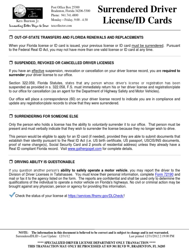 Surrendered Driver License/ID Cards OutOfState Transfers and Florida Renewals and