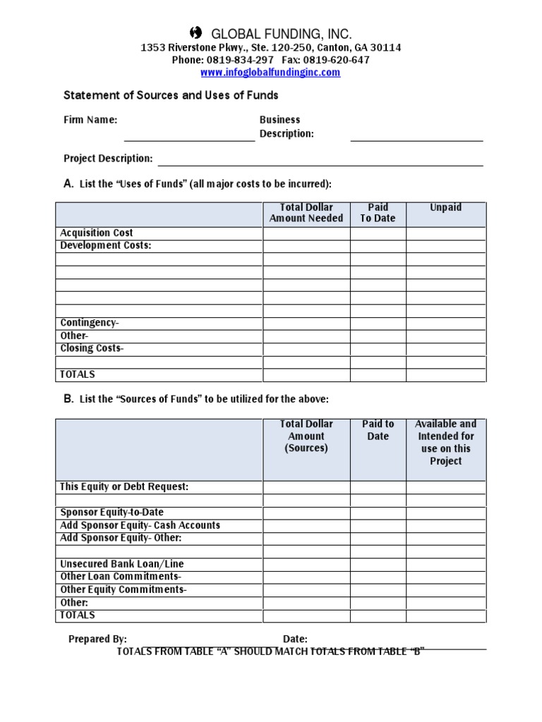 Funding Sources and Uses Statement | PDF
