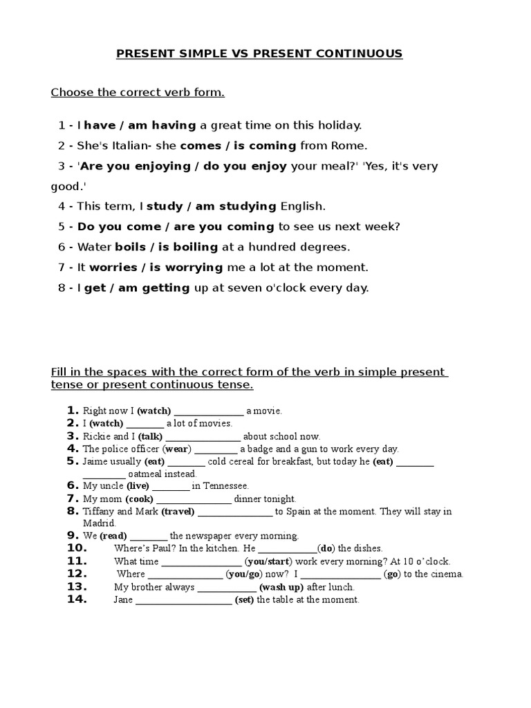 Present Simple vs Continuous Exercises | PDF