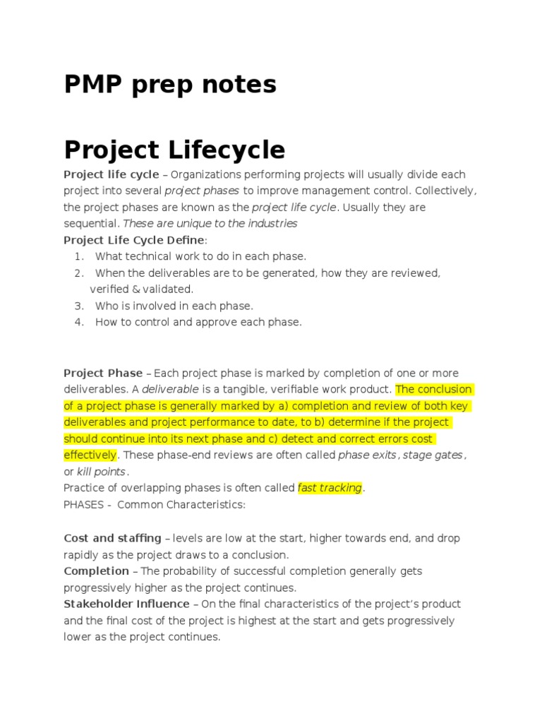 PMP Prep Notes Project Lifecycle | Download Free PDF | Project ...