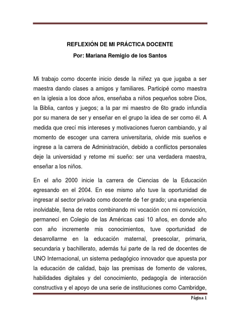 Reflexion de Mi Practica Docente | PDF | Cognición | Educación avanzada