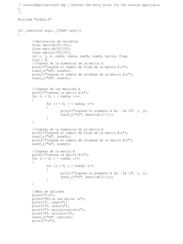 Calculadora de Matrices en C++ | PDF | Matriz (Matemáticas) | Análisis ...
