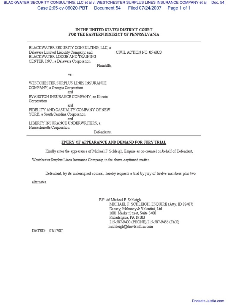 BLACKWATER SECURITY CONSULTING, LLC et al v. WESTCHESTER