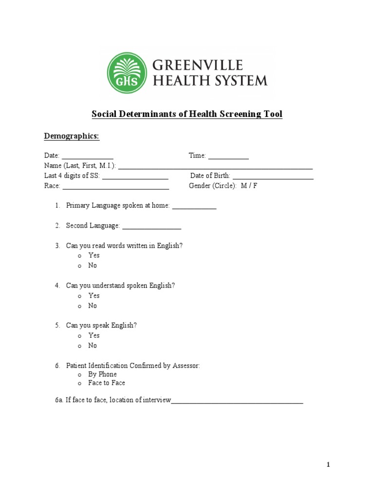 Social Determinants of Health Screening Tool: Demographics | PDF ...
