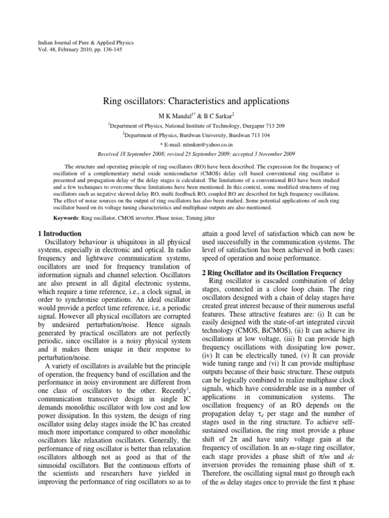 Ring Oscillators Characteristics and Applications M K Mandal & B C