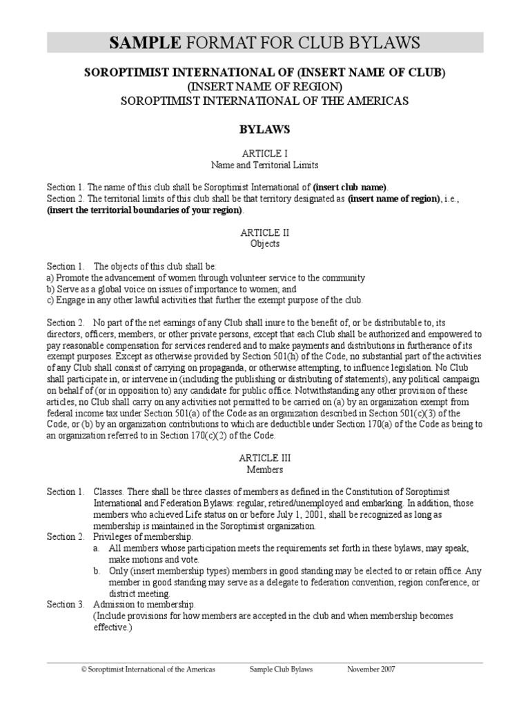 Sample Format For Club Bylaws: Soroptimist International of (Insert ...
