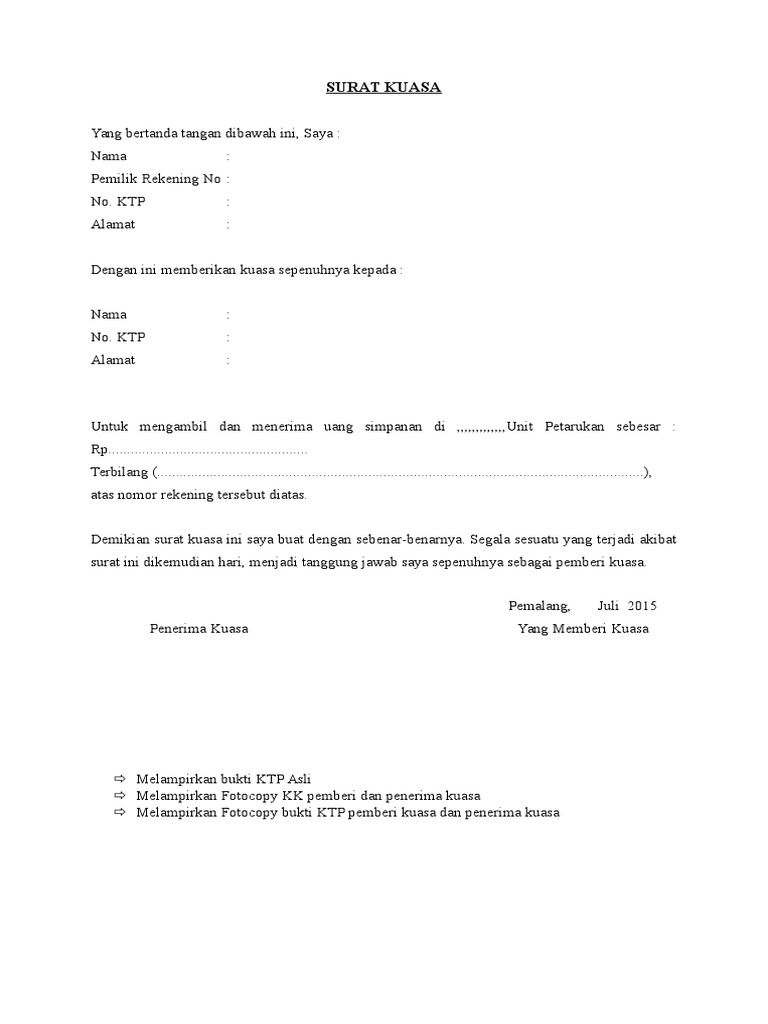 Contoh Surat Kuasa Pengambilan Uang Di Bank