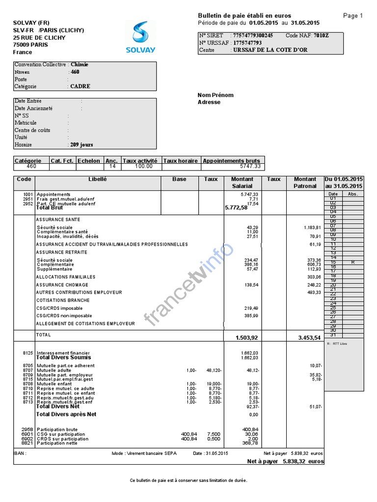 Bulletin de paie établi en euros R RTT Libre Bulletin de salaire