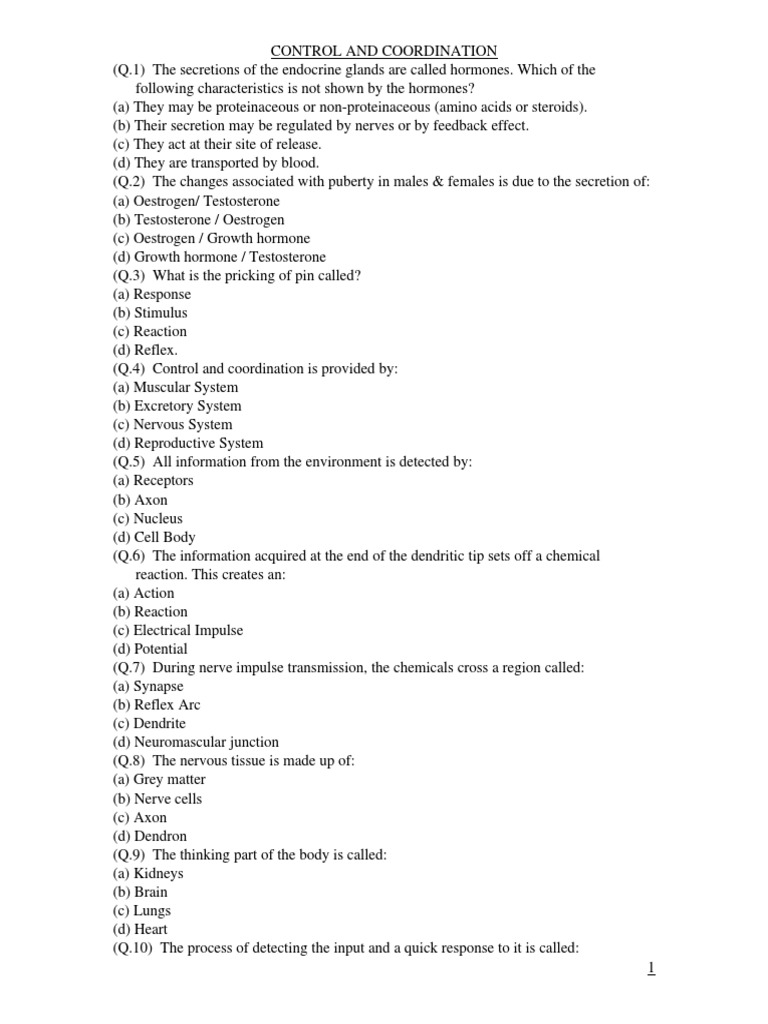 Control and Coordination Mcq Nervous System Hormone