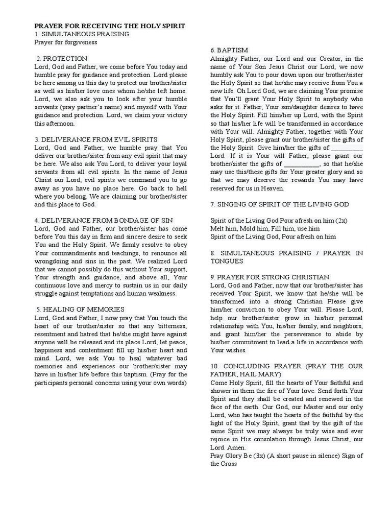 Prayer for Receiving the Holy Spirit | PDF | Prayer | Baptism