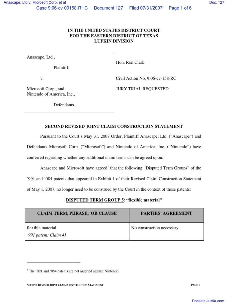 Revised Claim Construction Statement | PDF | Lawsuit | Common Law