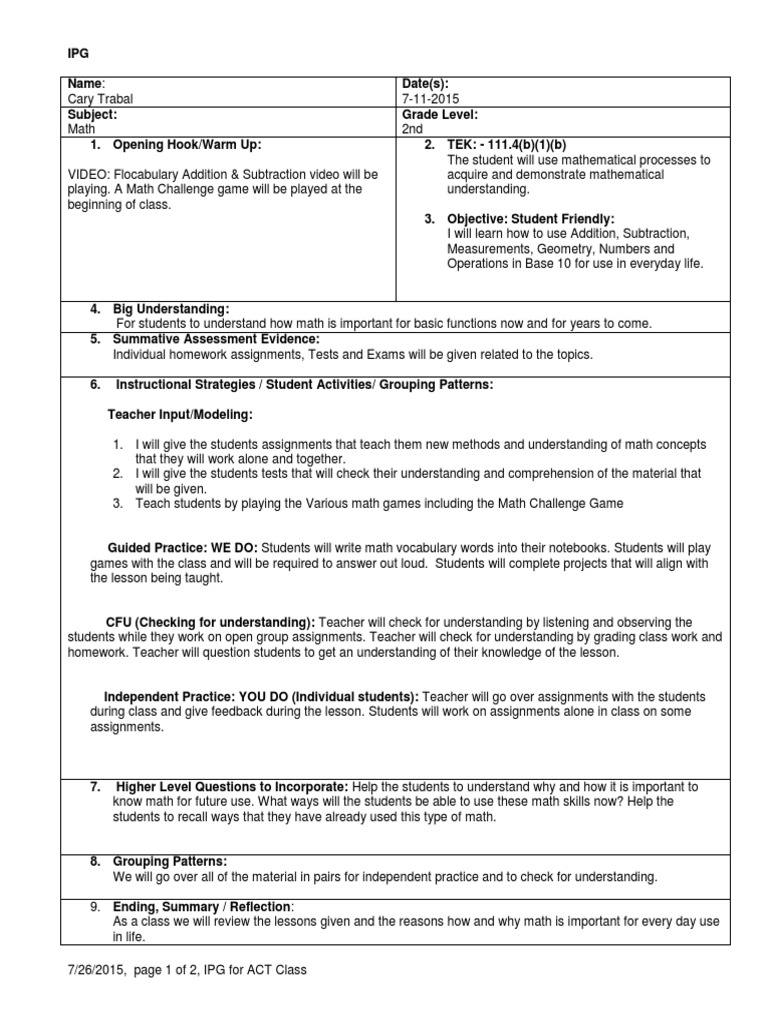 Ipg For Act 2 | PDF | Homework | Teaching Mathematics
