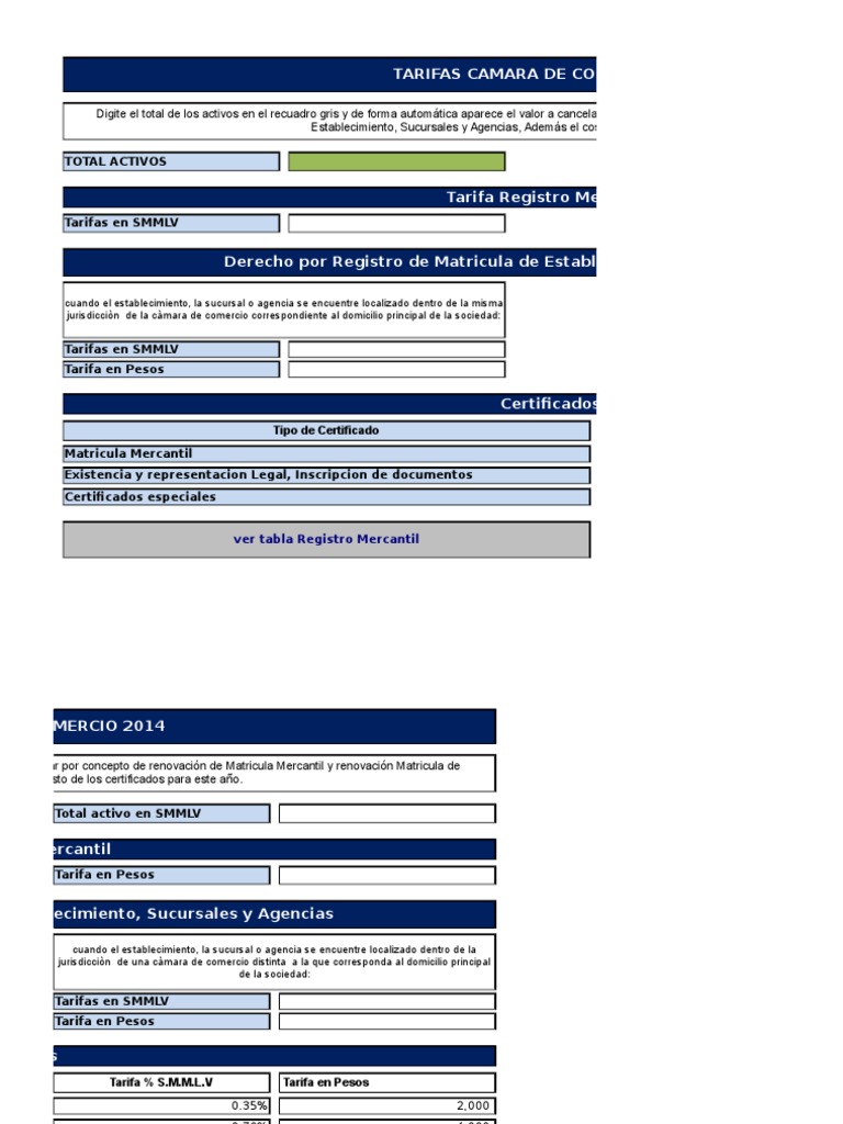 Tarifas Camara de Comercio 2014 | PDF | Salario mínimo | Sueldos y salarios