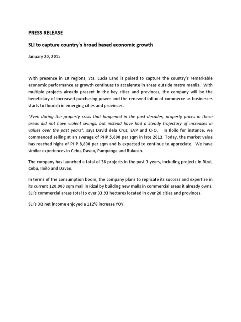 PRESS RELEASE - SLI To Capture Broad Based Economic Growth Jan 20.2015 ...