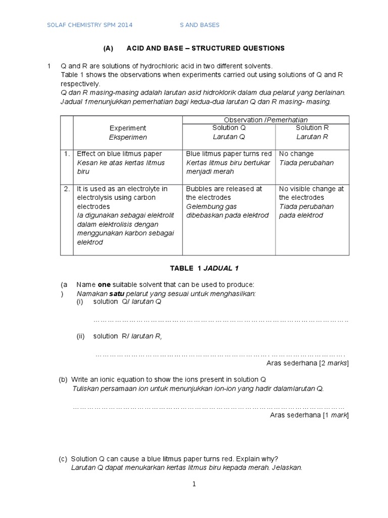 (A) Acid and Base - Structured Questions: Solaf Chemistry SPM 2014 S ...
