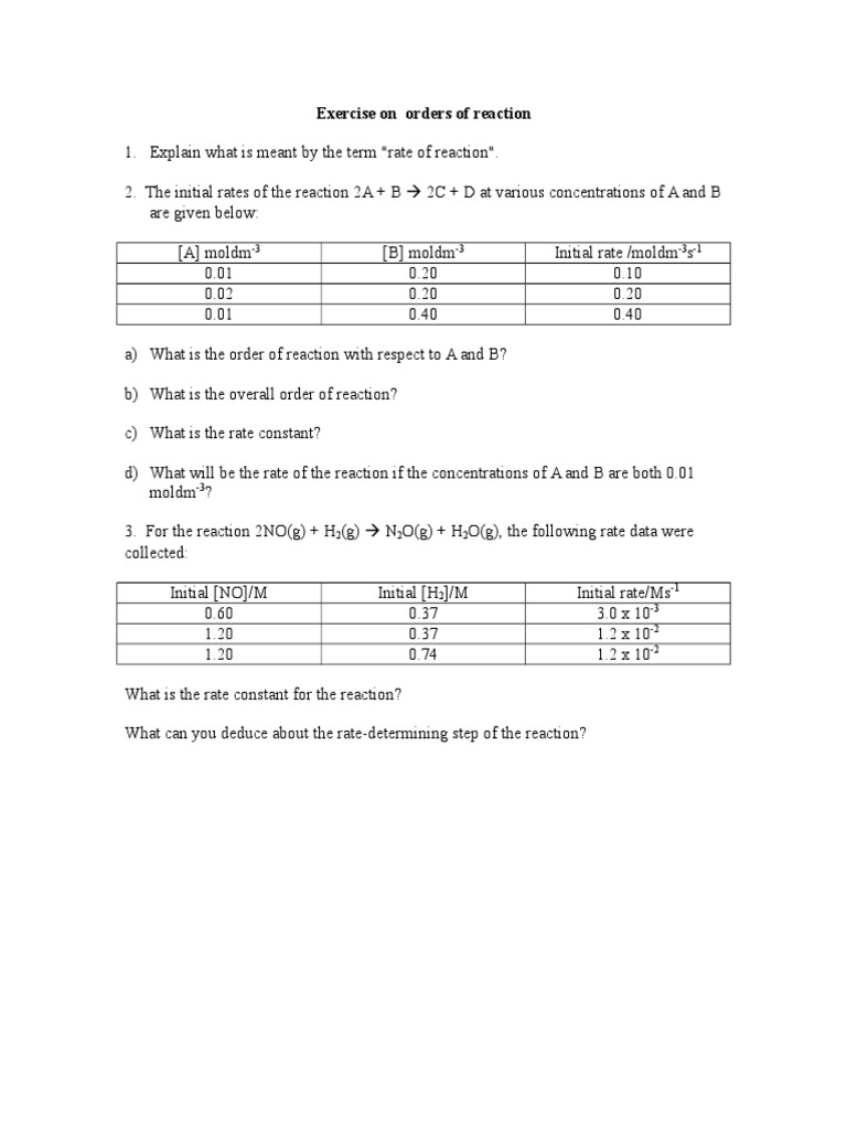 Exercise on Order of Reaction Reaction Rate Activation Energy