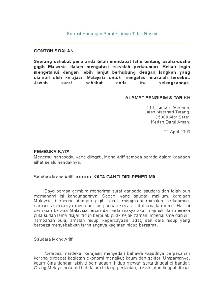 Format Karangan Surat Kiriman Tidak Rasmi Pdf