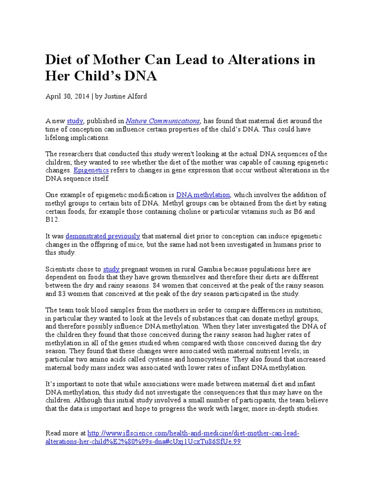 Diet of Mother Can Lead To Alterations in Her Child's DNA PDF