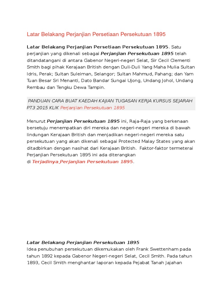 Latar Belakang Perjanjian Persetiaan Persekutuan 1895 | PDF