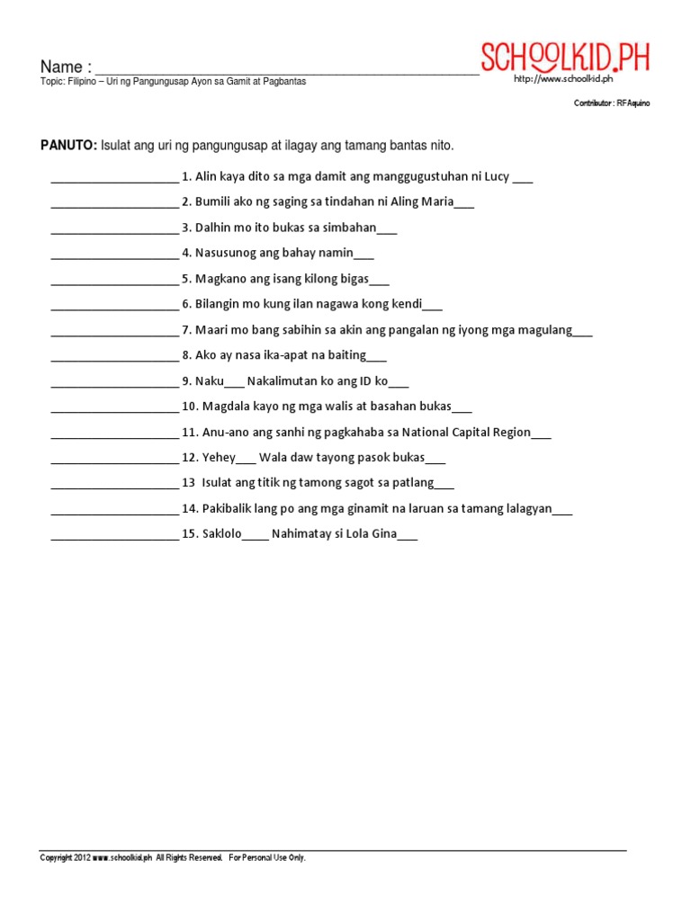 Uri Ng Pangungusap Worksheet