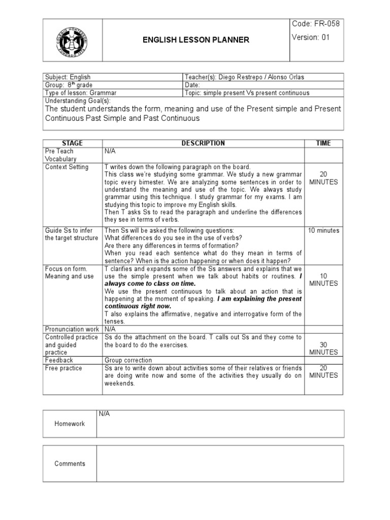 Present Simple vs Continuous Lesson Plan | PDF