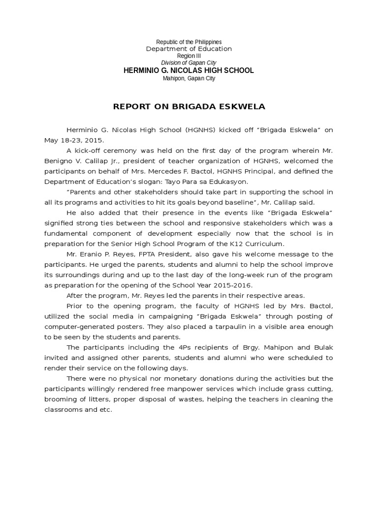 Brigada Eskwela Narrative Pdf