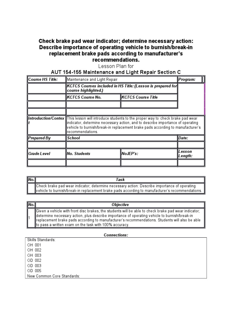 Check Brake Pad Wear Indicator Burnish Pads Brake Educational Assessment