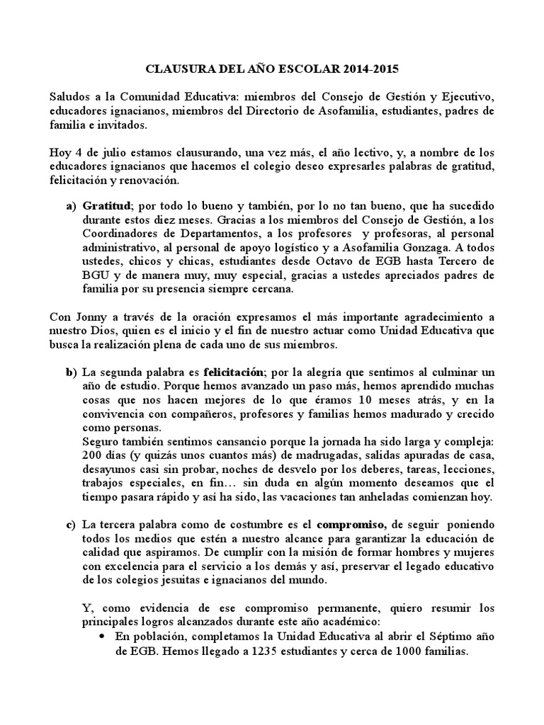 Discurso de Clausura Año Lectivo 2014 2015